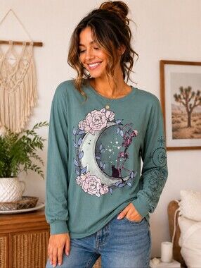 Stitch & Pine Teal Moon Skeleton Graphic Long Sleeve Tee XS NWT Gothic Cotton